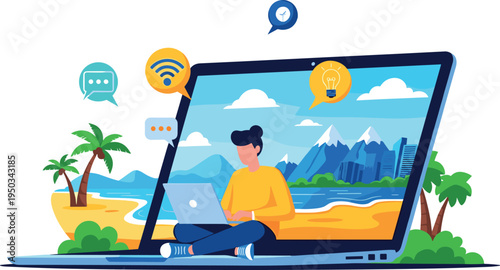 A man works on a laptop on a tropical beach on transparent background