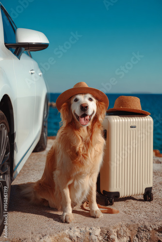 Happy golden retriever dog wearing a straw hat sitting next to a suitcase and car by the ocean
