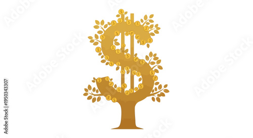 Golden Dollar Sign Tree with Coins and Leaves - Financial Growth Concept