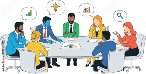 A diverse group of business professionals engaged in a meeting on transparent background