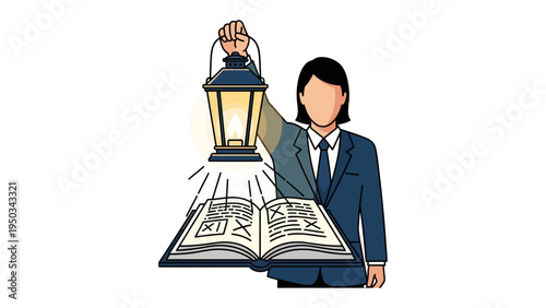 Guidance in Literature: A person holding a lantern sheds light upon an open book, symbolizing enlightenment and the pursuit of knowledge.