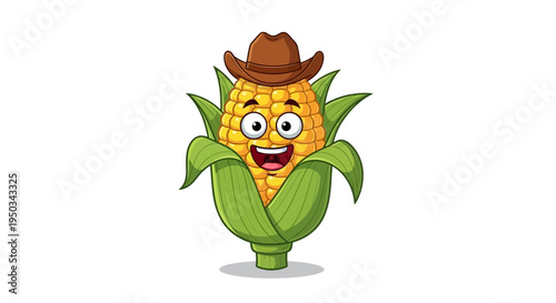 Happy Corn Cob Character Wearing a Cowboy Hat, Cartoon Style