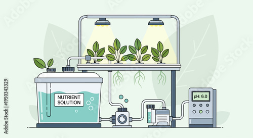 Hydroponic system for growing plants indoors with nutrient solution and LED lights