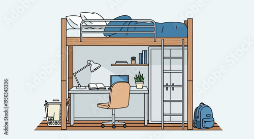 Loft Bed with Desk and Chair, Cozy Dorm Room Setup for Study and Sleep