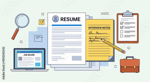 Job Search and Interview Process: Resume, Laptop, Magnifying Glass, Notes