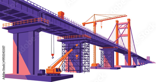 A large bridge under construction with cranes and scaffolding on transparent background