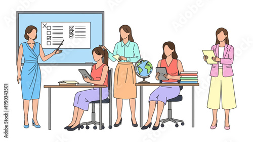 Educational Interaction: A scene of educators interacting within a classroom, teachers in a moment of teaching, each engrossed in imparting knowledge and guidance to students.