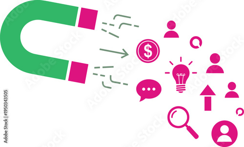 A green horseshoe magnet attracts pink business and social icons on transparent background