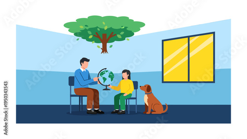 Knowledge Sharing: An illustration depicts a father and daughter engaging with a globe, a loyal dog attentively observing. It's a scene of education, connection, and the joys of a loving bond.