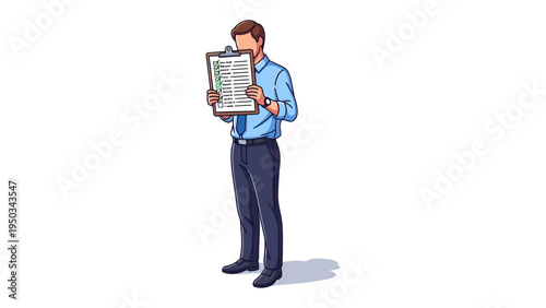 Reviewing the Checklist: An illustration of a person stands, holding a clipboard, seemingly reviewing checklist with focused attention and professional demeanor.