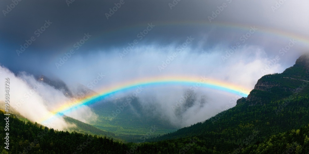Obraz premium Dramatic landscape features vibrant rainbow arching over misty mountains, lush greenery below dark sky. Beautiful natural scenery.