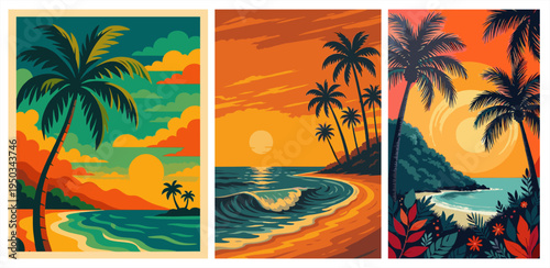 Set of vibrant retro-style tropical beach landscape posters featuring palm trees, ocean waves, and sun, perfect for summer travel decor and vintage-themed art
