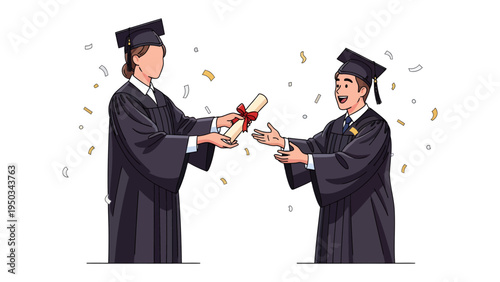 Academic Conferment Ceremony: Capturing a momentous occasion as a graduate receives diploma and confetti marks the achievement in the realm of academia.