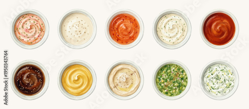 Watercolor vector sauce set with thousand island, sesame sauce, sweet chili, ranch, marinara, barbecue, mustard, hummus, chimichurri and tzatziki