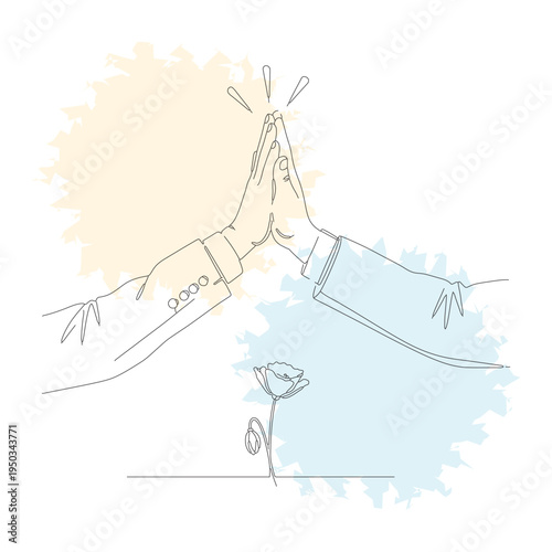 One Line Art Illustration of a High Five with a Blooming Flower, Continuous Line Drawing