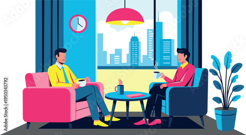 Two people sitting on colorful chairs in a modern living room on transparent background