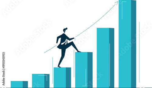 A businessman climbs up a growing bar chart on transparent background