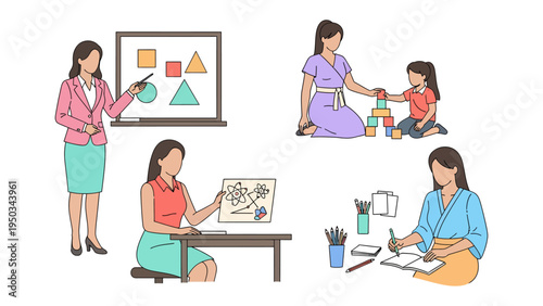 Inspiring Educator Scenes: A collection of educational illustrations, showcasing diverse teaching moments, from teaching geometric shapes to creative drawing, and nurturing building skills.