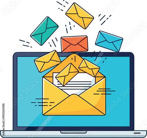 A colorful illustration of emails spilling out of a laptop on transparent background