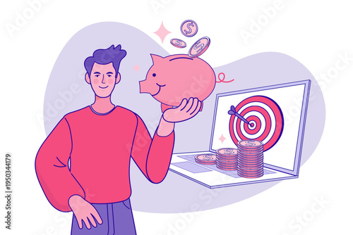 Financial goal and digital savings concept with man holding piggy bank and target on laptop screen, flat vector illustration