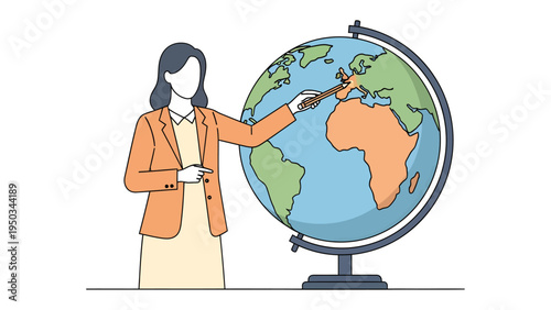 Globe Teaching Moment: A teacher points at a world globe in a classroom setting, teaching, learning, or education.