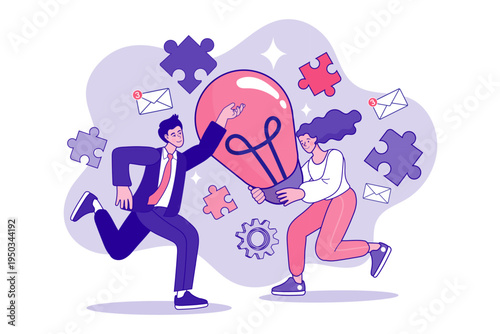 Business team working together to develop a creative solution and innovation. Flat vector illustration representing brainstorming, effective teamwork, and strategic success.