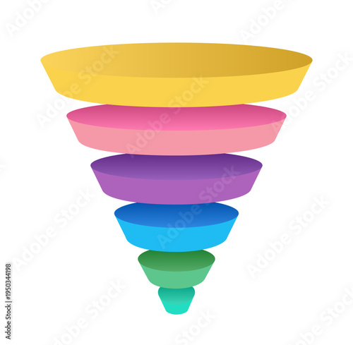 Funnel infographic 6 level isometric for business strategy, presentation, start up project, theory basic operation, logic analysis