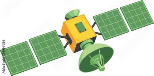 A green and yellow satellite with solar panels on transparent background