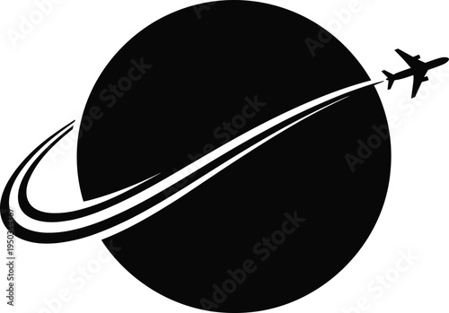 Airplane flying around a black planet with a ring