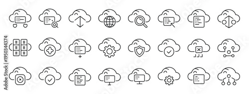 Extensive line icons for cloud computing operations, data management, security, and global connectivity.