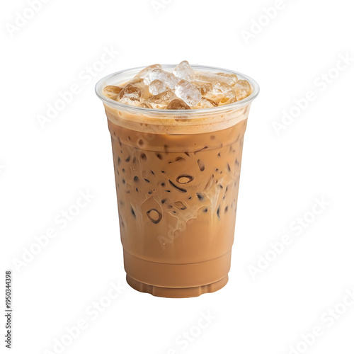 A refreshing glass of iced latte with milk and coffee served in a clear plastic takeaway cup
