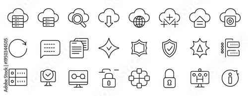 Comprehensive vector line icons for cloud computing, data security, server management, and network operations