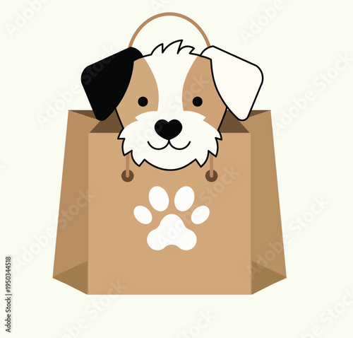 A cute dog peeking out of a petshop bag with a paw print, conveying a playful mood for dog lovers.