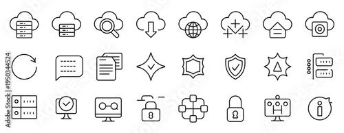 Comprehensive vector line icons for cloud computing, data security, server management, and network operations