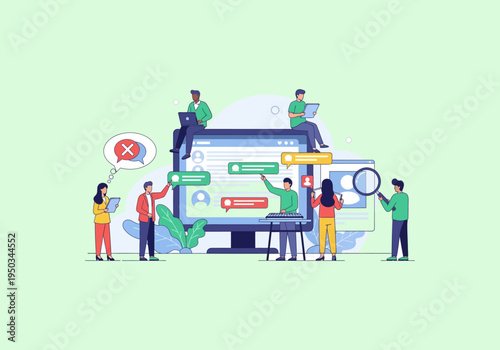 group of business people in a circle Team collaborating on digital platform with data analysis and communication icons.