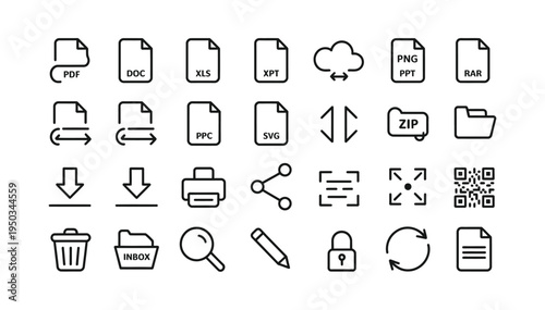 Modern vector line icons for various file types, document management, downloads, and sharing functions