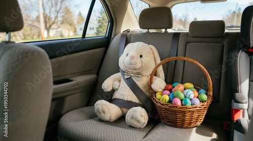 Easter basket with colorful eggs, attached with a seat belt in the back seat of a car. A humorous and touching symbol of care and celebration