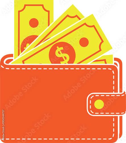 An orange wallet filled with yellow cash bills on transparent background