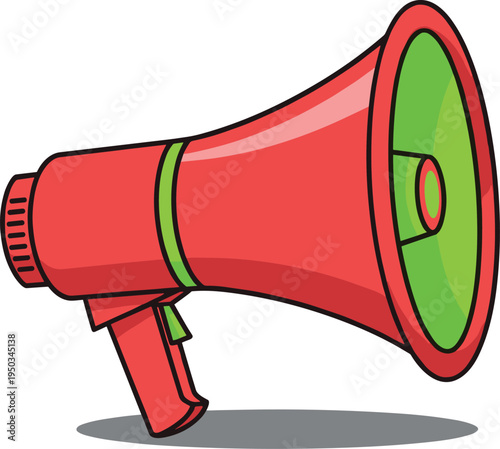 A cartoon red megaphone with green interior on transparent background