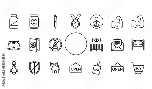 Thin line lifestyle and shopping icon pack with jar medal muscle hand smart home cereals and buy vector
