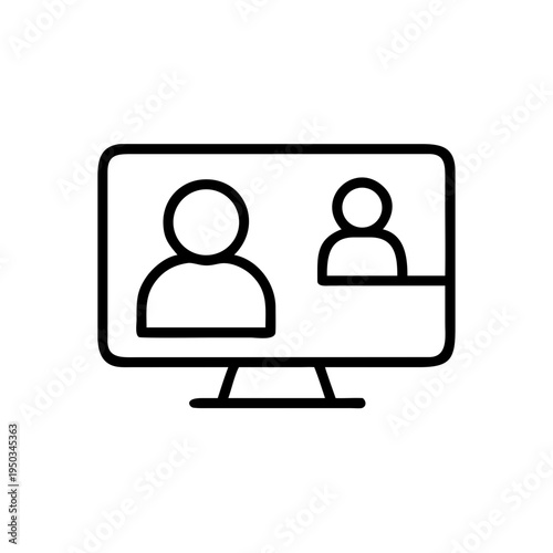 A minimalist vector graphic of two people on a computer screen for online meeting or video conference
