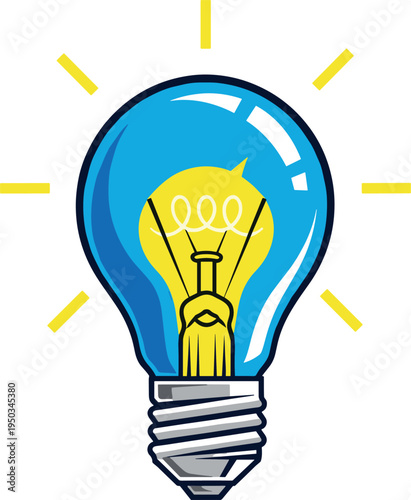 A bright blue light bulb with a yellow glowing filament on transparent background
