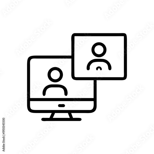 A minimalist vector graphic of two computer monitors displaying people in a video conference