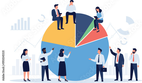 A group of business professionals analyzing a large pie chart on transparent background