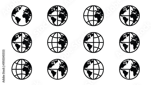 Collection of black and white globe icons with grid lines and continents isolated on white background for global business and technology concepts