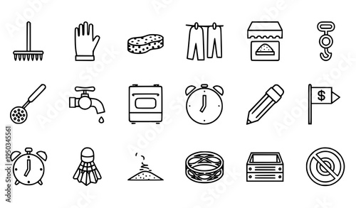 Thin line household and recreational icon pack with rake oven pencil shuttlecock dollar flag and gloves vector