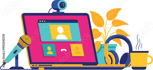 A colorful illustration of a laptop with video conferencing equipment on transparent background