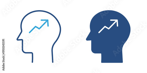 Growth mindset icon set. Human head with upward graph arrow icon, success and personal development concept. Vector illustration.