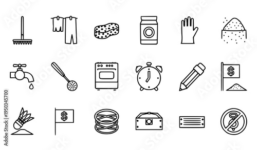 Thin line utility and household icon collection with rake sponge oven pencil alarm clock shuttlecock vector