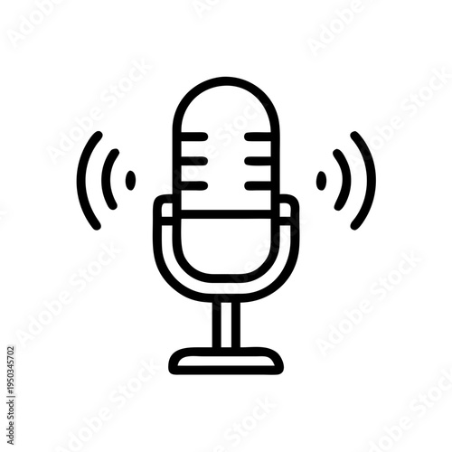 A minimalist vector graphic of a microphone with sound waves on a white background
